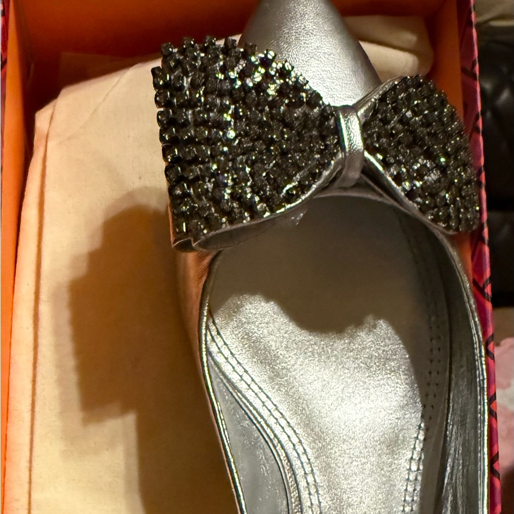 Tory Burch Silver Flats with Embellished Bow